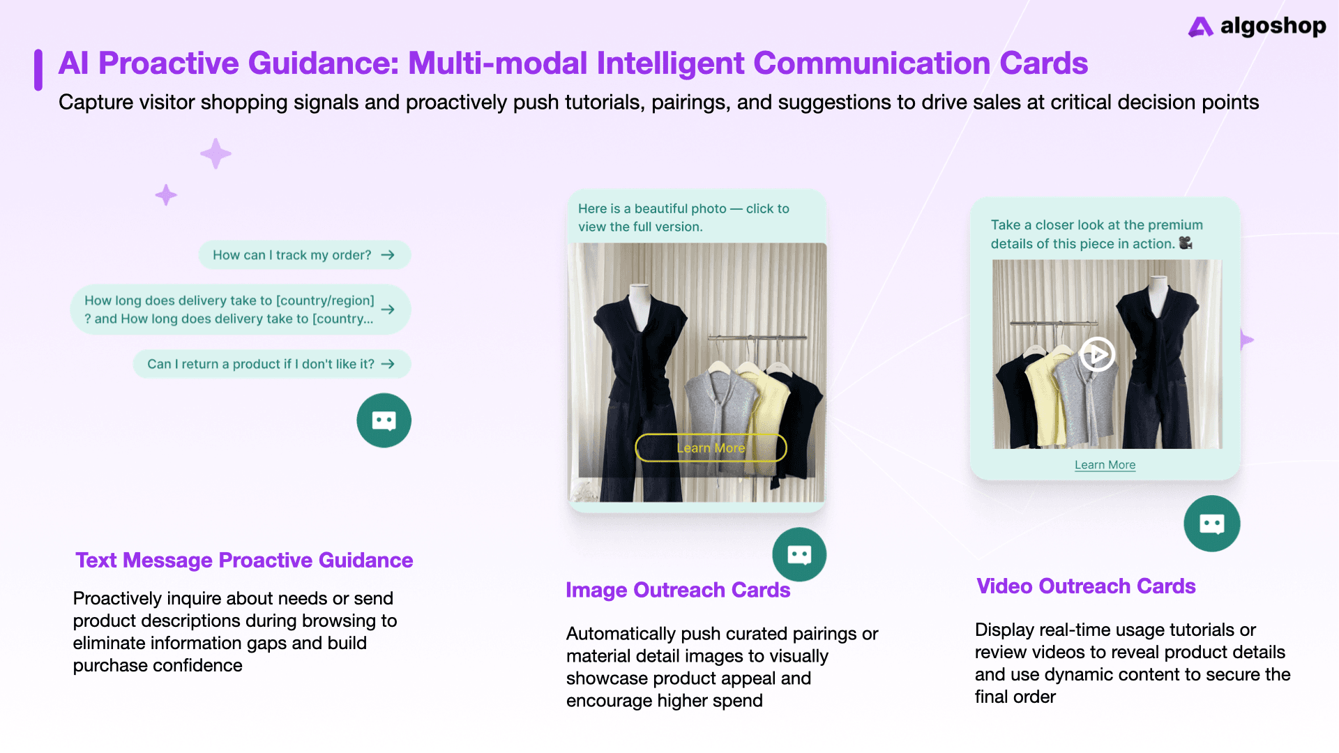 Algoshop multimodal intelligent communication cards showing text guidance, image outreach cards, and video outreach cards for Shopify