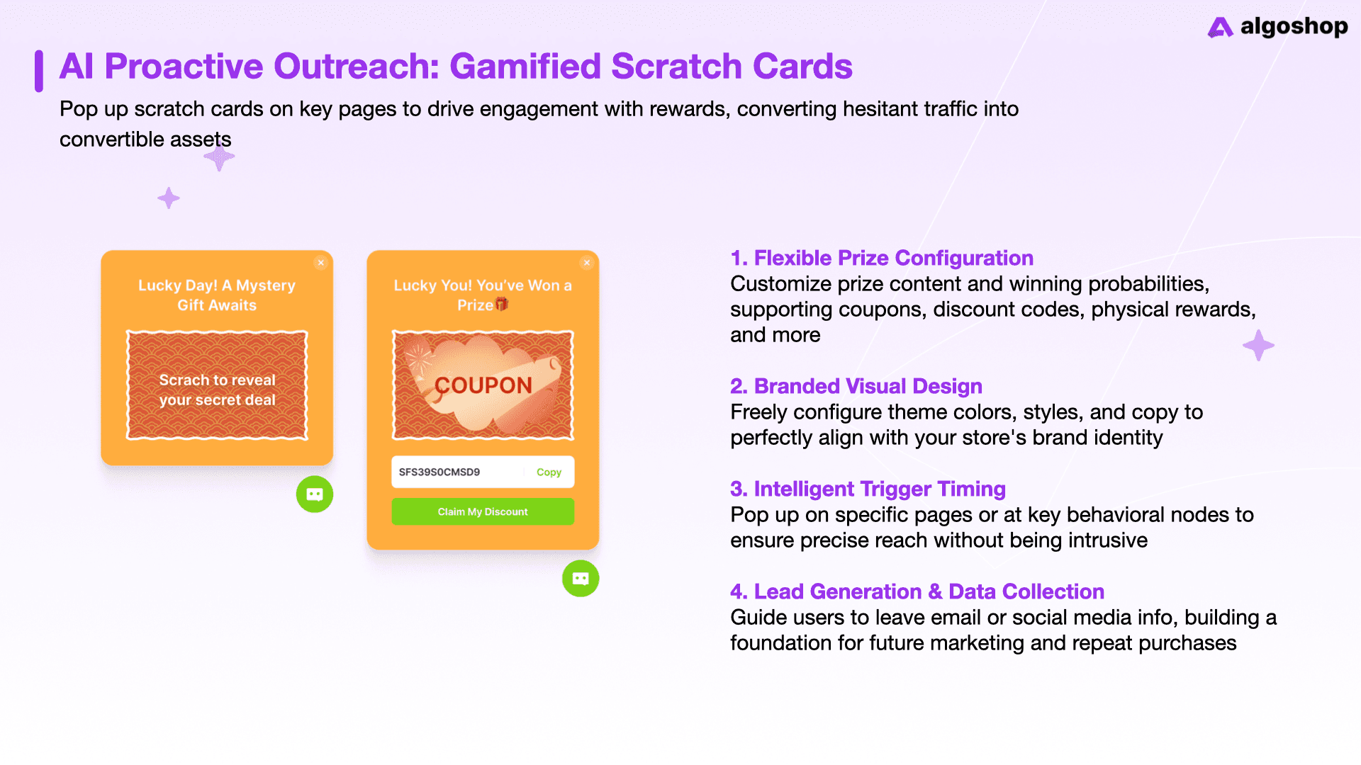 Algoshop gamified scratch cards showing flexible prize configuration, branded design, intelligent trigger timing, and lead generation