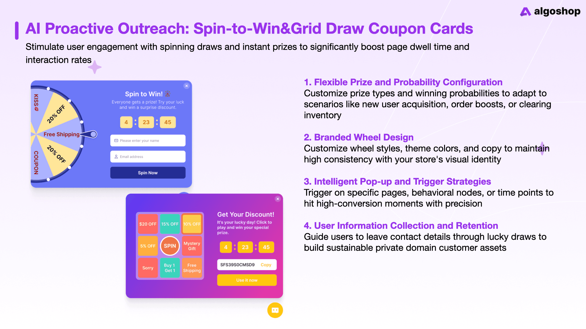 Algoshop spin-to-win and grid draw coupon cards showing prize probability settings, branded wheel design, pop-up triggers, and user info collection