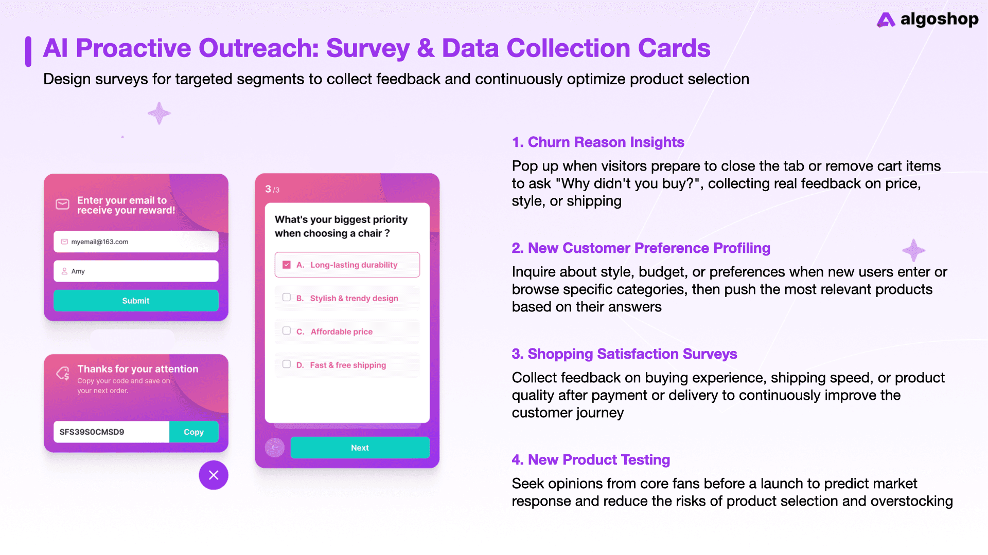 Algoshop survey and data collection cards showing churn reason insights, preference profiling, satisfaction surveys, and new product testing