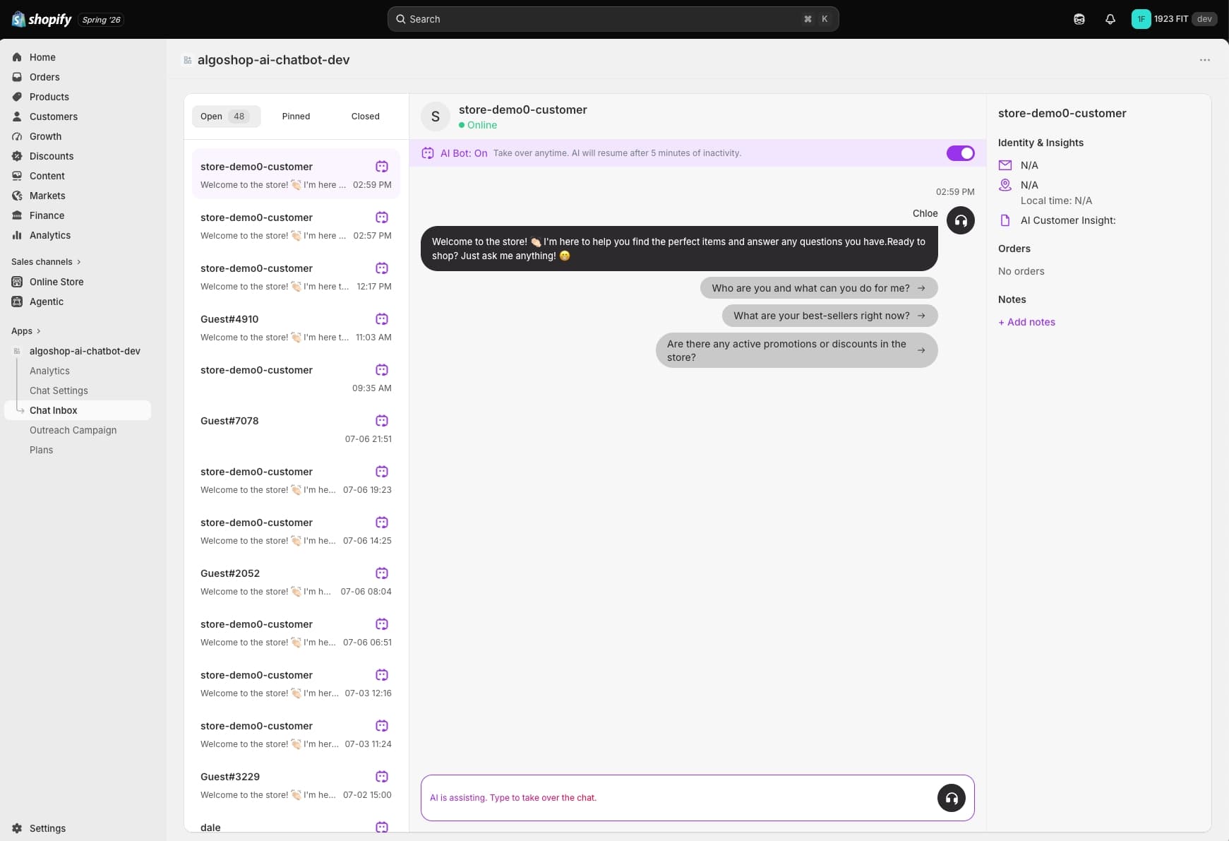 Algoshop unified inbox: manage Shopify customer conversations from storefront chat, WhatsApp, Instagram, and Messenger in a single timeline with customer info panel