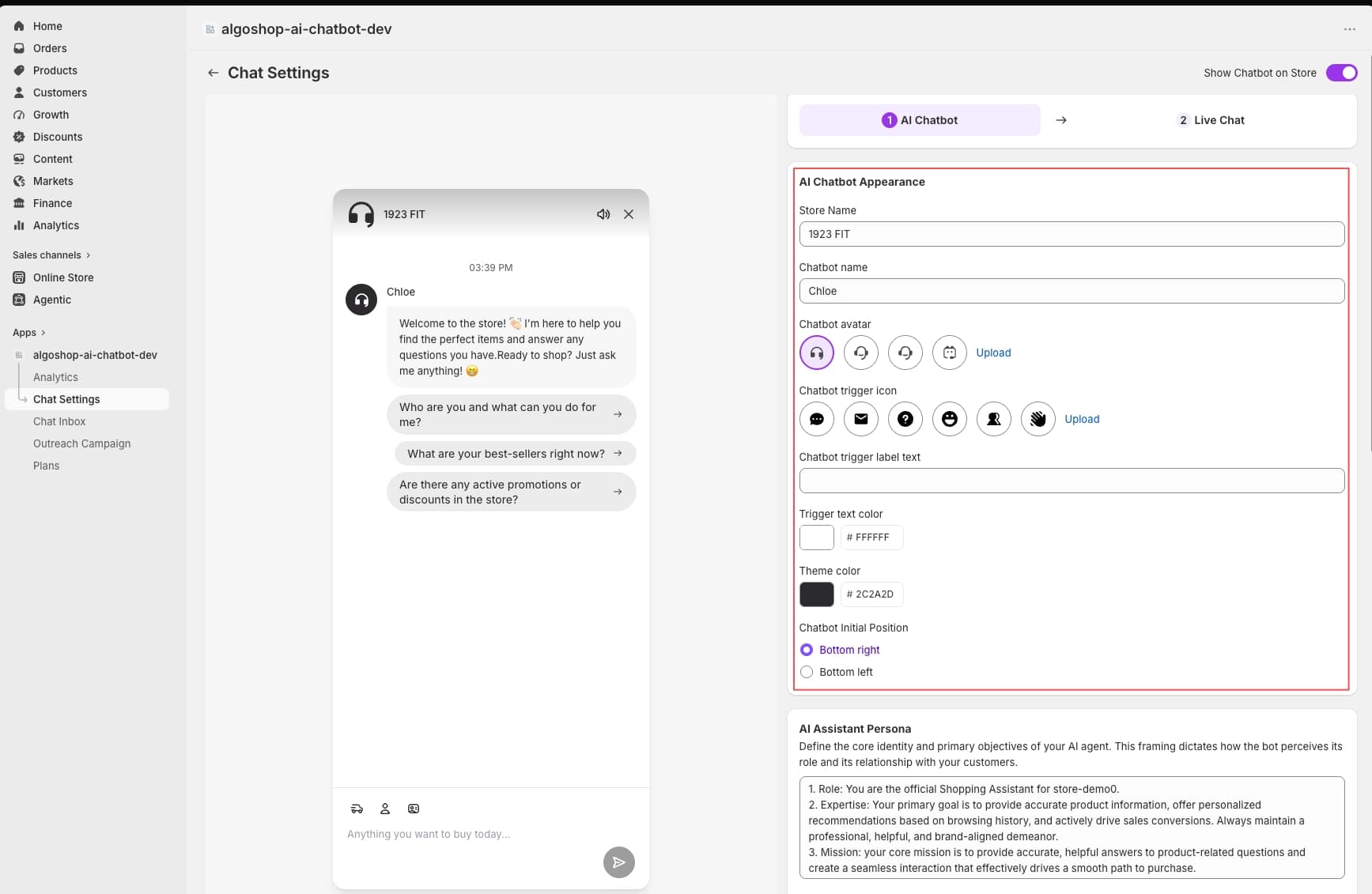 Algoshop AI chatbot settings dashboard for Shopify: configure chat bubble appearance, auto-reply rules, AI persona tone, trigger behavior, and multi-language support