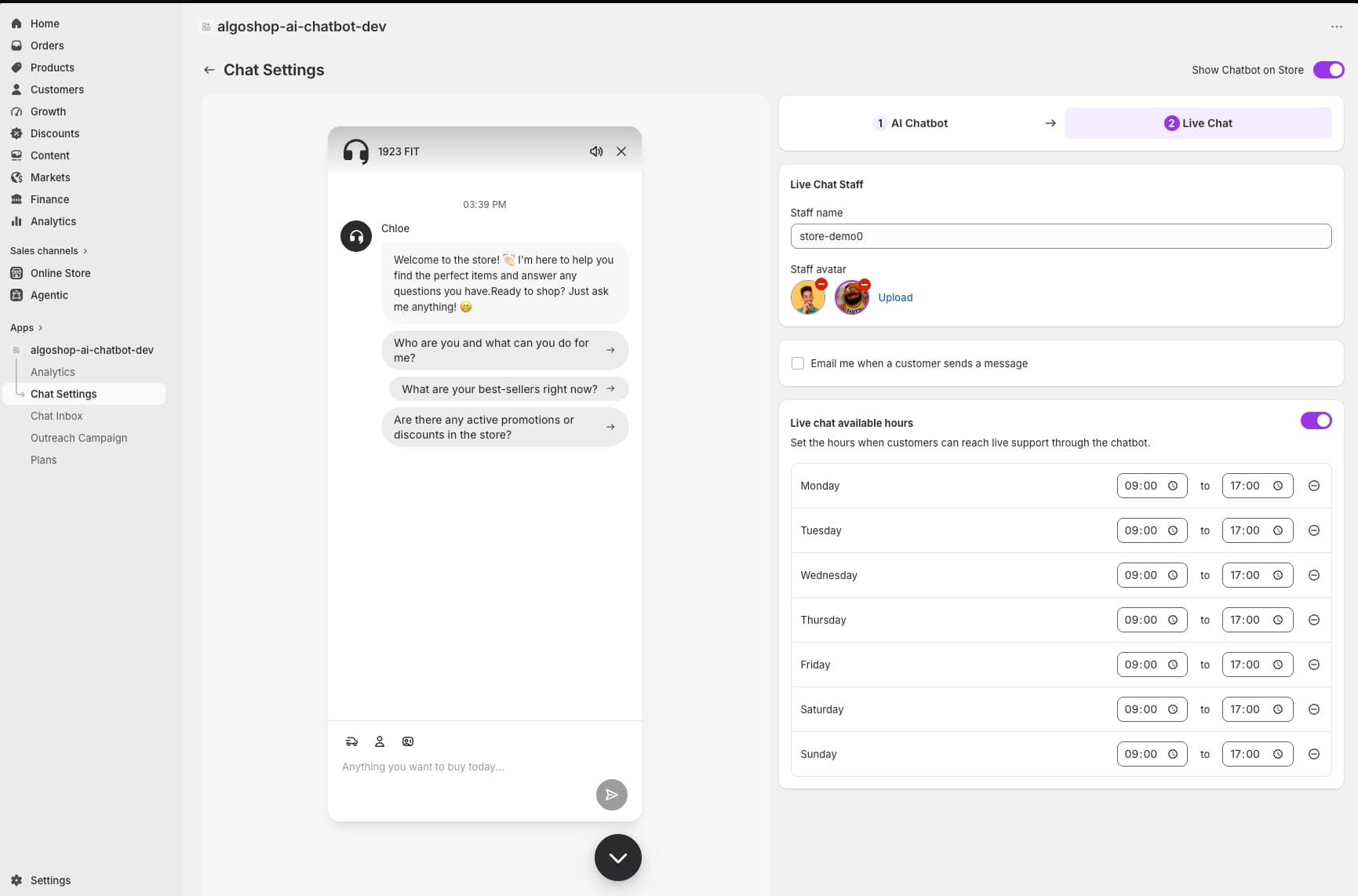 Algoshop live chat settings for Shopify stores: agent management panel, auto-responder configuration, chat routing rules, and conversation transcript history