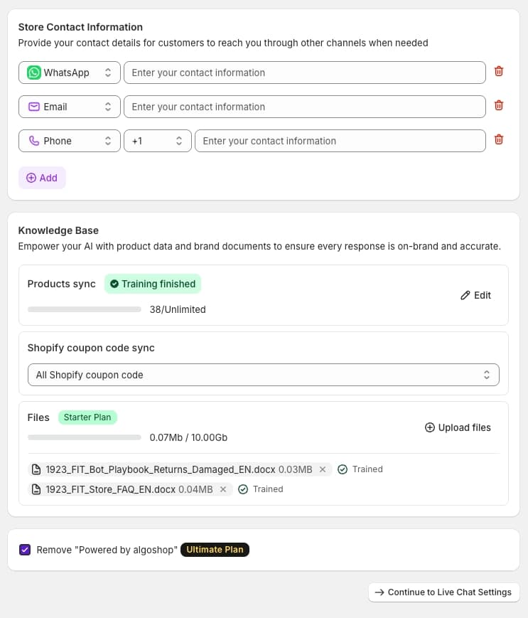 Algoshop social connections and knowledge base settings: link Shopify product catalog, connect Facebook and Instagram, upload help center articles for AI chatbot training