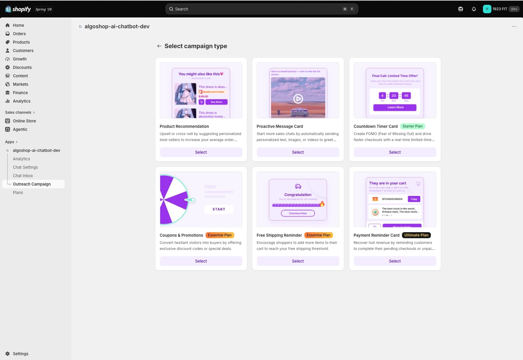 Algoshop outreach card types for Shopify: product recommendation card, gamified scratch card, spin-to-win wheel, cart reminder, countdown timer, and survey — 6 proactive sales formats