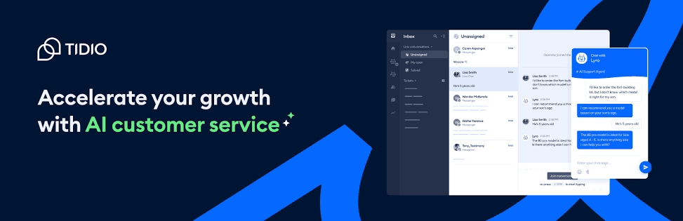 Tidio chat interface showing live chat and AI features